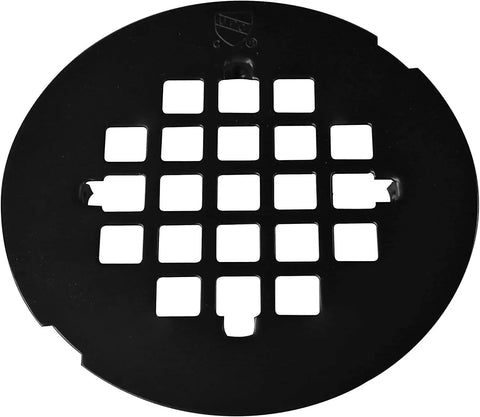 2 Inch No Caulk PVC Shower Drain With Compression Gasket And 4 And A Quarter Inch Round Grid Cover Matte Black Heavy Duty Plastic Drain Assembly Fits 2 Inch ABS Or PVC Pipes showing close-up of the matte black grid cover.