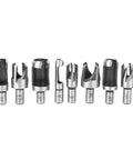 Heavy Duty High Carbon Steel Wood Plug Cutters 8 Piece Tapered Claw Drill Bits Pro Carpenter Kit arranged neatly from various angles.