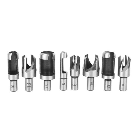 Heavy Duty High Carbon Steel Wood Plug Cutters 8 Piece Tapered Claw Drill Bits Pro Carpenter Kit arranged neatly from various angles.