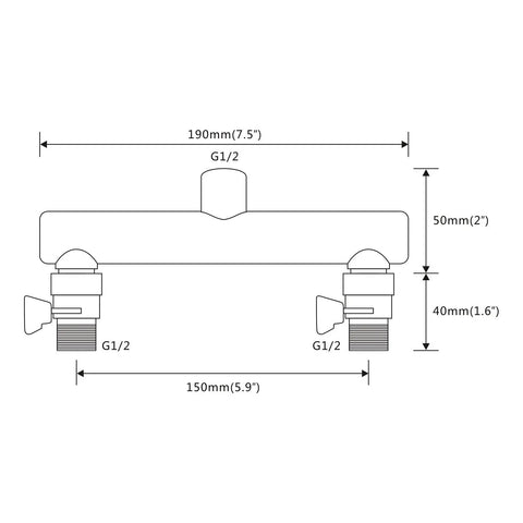 Diagram of Double Outlet Chrome Shower Manifold With Independent Shut Off Valves, showing dimensions and G1/2 connections.