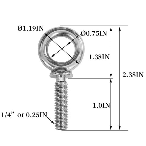 Heavy Duty 1/4-20 Lifting Shoulder Eye Bolts Stainless Steel 304 Marine Grade For Rigging Hoisting Anchoring And Pulling Threaded Nut Fasteners Pack Of 10 Weather Resistant And Durable with dimensions shown
