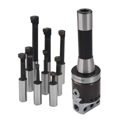Two Inch Boring Head Set With Half Inch Hole Nine Pack Carbide Boring Bars For Milling Machines R8 Shank Durable Ground Adjusting Screw