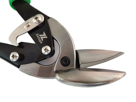 Close-up of Heavy Duty Left And Right Aviation Snips Combo Pack for sheet metal cutting, showing pinch thru point design.