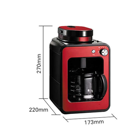 Kickstart Your Daily Grind With This Compact Full Automatic Bean To Cup Coffee Machine in red and black, showcasing dimensions.