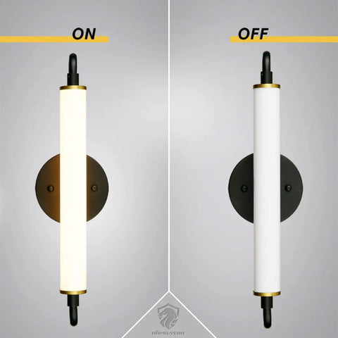 16.5 Inch LED Vanity Light Bar Over Mirror in Black and Gold, 18W 3000K Warm White, shown in 'on' and 'off' states