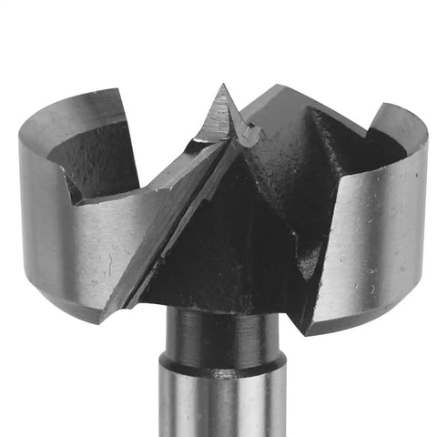 Close-up of a chrome-steel Forstner bit from the 16-piece set, designed for woodworking and precise hinge boring applications.