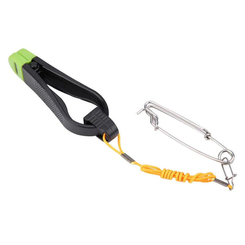 Two-piece Power Grip mast-release snap clip kit: black/green ABS clamp with orange lanyard and stainless steel hardware