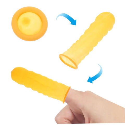 100 Pack Latex Protective Finger Sleeves Shield Your Digits From Daily Wear While Delivering Sick Grip And Breathable Comfort For Heavy Gaming Or Daily Grind Tasks, shown in yellow with detailed grip pattern.