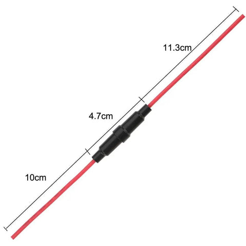 Beefed Up Inline Fuse Holder 5 x 20mm With 16 AWG Wire 32V 20A Fast Blow Screw Type showing dimensions for automotive or marine use