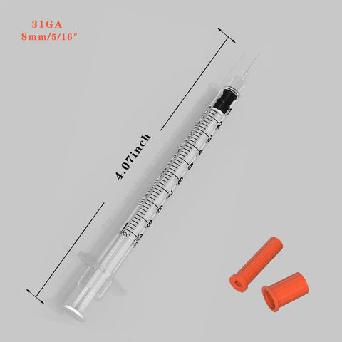 Disposable 31 Gauge 5/16 Inch Syringe With Needle, 1ml Capacity, Sterile, Individually Wrapped, 30 Pack, Clear Measurement Markings, Perfect For Lab Dosing, Pets, Veterinary And Medical Dispensing Supplies, 1ml syringe shown with 31G 8mm needle
