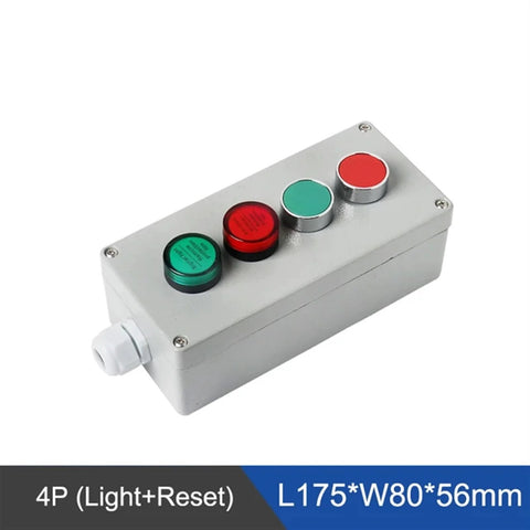 Metal push-button control box with four illuminated green and red buttons on a grey enclosure with side cable gland.
