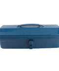 Heavy Duty Iron Toolbox With Extended Telescopic Handle Built Tough For Working Crews And Weekend Home Repair Tasks Blue Metallic Storage Container, front view with latch.