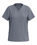 Women Housekeeping Uniforms And Nursing Scrub Sets With Utility Pockets Breathable V Neck Zipper Tops, gray short sleeve top.