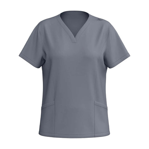 Women Housekeeping Uniforms And Nursing Scrub Sets With Utility Pockets Breathable V Neck Zipper Tops, gray short sleeve top.