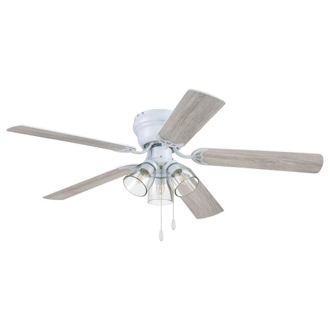 52 Inch White Indoor Ceiling Fan With Three Light LED Bulbs And Pull Chains, Traditional Style With Quiet Reversible Motor