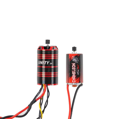 Unity24 Pro 3500Kv 2-In-1 Micro FOC Brushless System For Axial SCX24 RC Car components, showing motor and ESC in close-up view