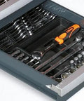 Close-up of Heavy Duty Rolling Tool Chest With Hydraulic Lift And Ball Bearing Drawers Heavy Hitter showing organized tools in drawer.