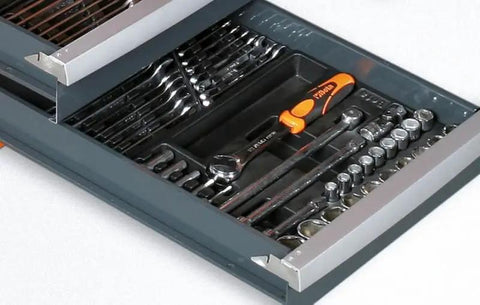 Close-up of Heavy Duty Rolling Tool Chest With Hydraulic Lift And Ball Bearing Drawers Heavy Hitter showing organized tools in drawer.