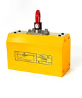 Heavy Duty Fully Automatic Magnetic Lifter Boasting 2200 Lbs Lifting Power For Shop Cranes Handles Steel Plates And Round Steel No Sweat Slick Plunger Control with yellow casing.
