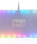 Legit Wired Gaming Keyboard With Hella Smooth Mechanical Feel And Straight Fire RGB Rainbow Backlight Featuring Nine Custom Lighting Modes Plus Six Key N Key Rollover And Multimedia Keys For Ultimate Windows Pc Gaming Setup, rear view with RGB lights on.