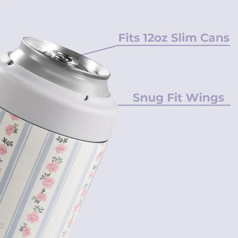 Keep It Frosty Insulated Stainless Steel Can Cooler For 12 Oz Slim Beverages Hella Cold Drink Holder With Zero Condensation Primrose Sleeve close-up with snug fit wings.