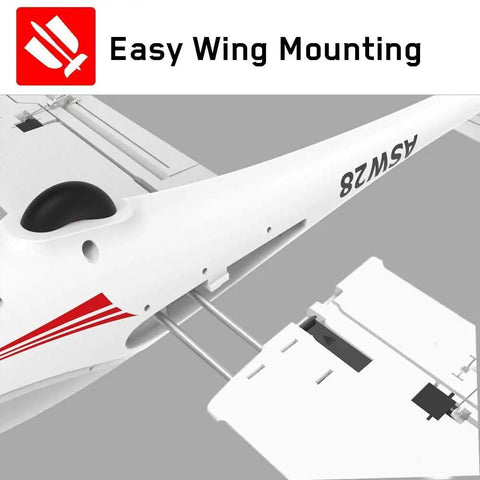 Close-up of Ready To Fly Brushless RC Plane Glider, showing "Easy Wing Mounting" assembly feature with 102 inch wingspan.