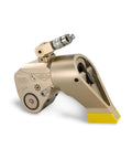 Heavy Duty Hydraulic Torque Wrench With Slick One Way Drive Ratchet Plus Hella Durable Aluminum Titanium Frame and 360 Adjustable Reaction Arm with Easy Swap Square Hex Drives For Smooth Heavy Job Completion - close-up view of the wrench mechanism.