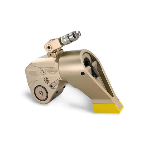 Heavy Duty Hydraulic Torque Wrench With Slick One Way Drive Ratchet Plus Hella Durable Aluminum Titanium Frame and 360 Adjustable Reaction Arm with Easy Swap Square Hex Drives For Smooth Heavy Job Completion - close-up view of the wrench mechanism.