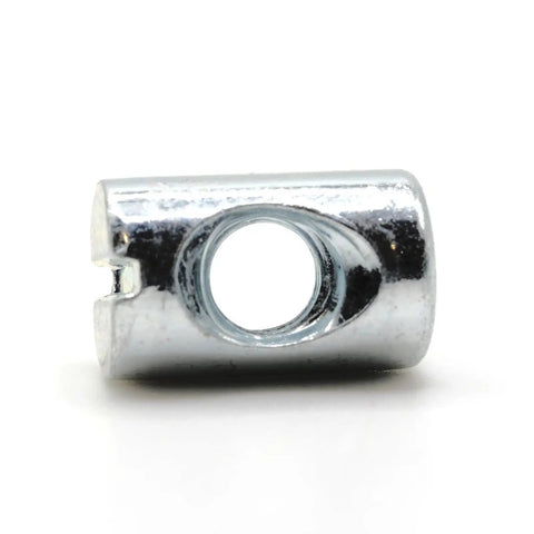 Top Shelf Cross Dowel Barrel Nuts Replacement Screws Built Different For Smooth Furniture Assembly close-up of zinc steel connector for DIY wood joins.