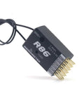 R86 6Ch Receiver With PWM And SBUS Output For FrSky D8 Compatibility Ideal For RC FPV Drones And Transmitters 4.5V-8.4V Power 2400-2483.5MHz Operation Lightweight Black Module showing connection pins
