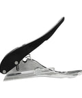 Side view of Heavy Duty Three Eighths Inch Hole Punch For IDs And PVC Cards, chrome-plated zinc alloy with adjustable stopper.
