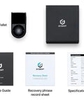 Secure Your Crypto Stash With This Top Shelf Biometric Hardware Wallet Featuring Certified Security Chip Fingerprint Authentication Bluetooth Sync And Rock Solid Offline Cold Storage, shown with package and documents.