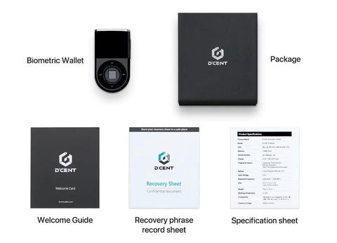 Secure Your Crypto Stash With This Top Shelf Biometric Hardware Wallet Featuring Certified Security Chip Fingerprint Authentication Bluetooth Sync And Rock Solid Offline Cold Storage, shown with package and documents.