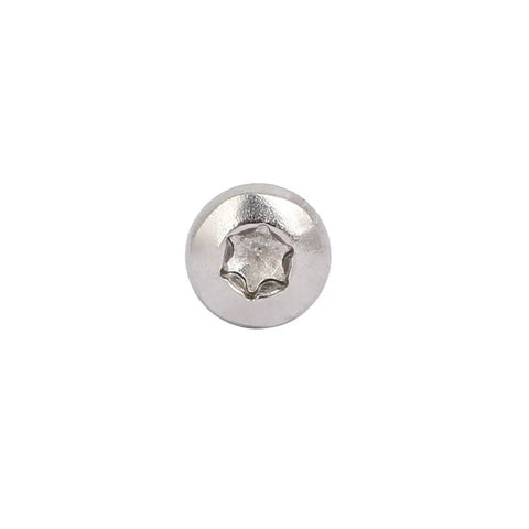 Top Shelf M4x10mm Button Head Torx Screws Featuring Secure T20 Drive Heads Made From High Grade 304 Stainless Steel For Zero Slack Fastening On Any Rig Or Workshop Setup In 20 Pack close-up view of silver button head screw with T20 drive.