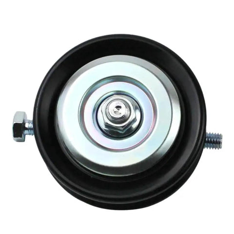 Up Your Drive Belt Game With This Smooth Plain Car Drive Belt Tensioner Pulley Kit 88440-26100 That Snaps Right In For Your T100 And Prado To Keep It Running Tight. Front view of black steel drive belt tensioner pulley with center bolt