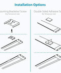 Installation options for 12 Inch Warm White LED Under Cabinet Lighting Kit With 3 Panels, using brackets or adhesive tape.