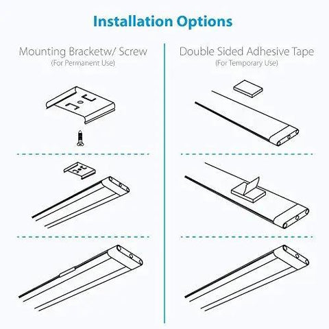 Installation options for 12 Inch Warm White LED Under Cabinet Lighting Kit With 3 Panels, using brackets or adhesive tape.