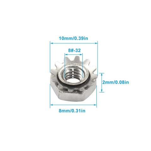 Eight To Thirty-Two K-Lock Nuts With External Tooth Washer In Stainless Steel 304 dimensions