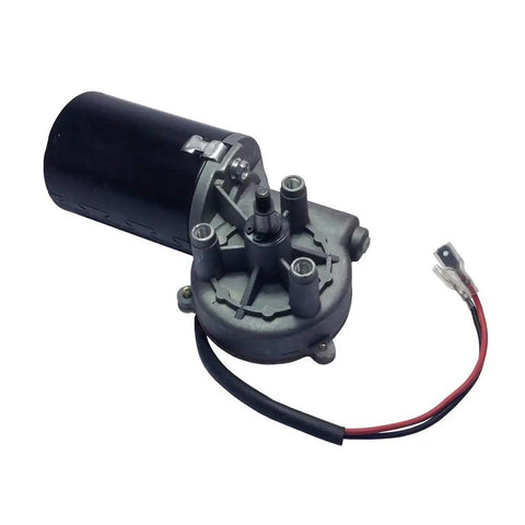 Beefy 12V PMDC Right Angle Gear Motor With Threaded Shaft High Torque 50 RPM Reversible Gearbox, shown in side view