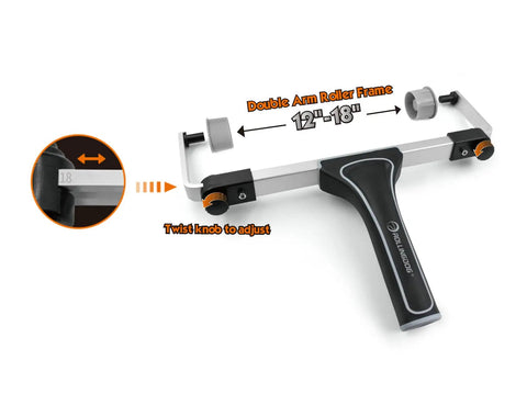 Pro Grade 20 Piece Paint Roller Set With Adjustable Frame And Extension Pole detail of adjustable double arm roller frame from 12 to 18 inches.