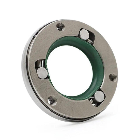 Heavy Duty Atv Starter Clutch With Three Sprag Bearings And Mounting Screws For Cg200 Cg250 Engines, showing gray iron body with green inner section.
