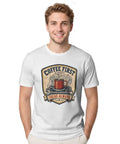 Awesome Vintage Engineer Blueprint Tee With Wrench And Coffee Mug Design For Garage Makers, 100 Cotton Unisex Classic Fit Shop Shirt worn by smiling man.