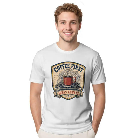 Awesome Vintage Engineer Blueprint Tee With Wrench And Coffee Mug Design For Garage Makers, 100 Cotton Unisex Classic Fit Shop Shirt worn by smiling man.