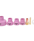 Professional Grade Alumina Welding Cup Set With Ceramic Torch Kit For Industrial Supplies And TIG Enthusiasts Featuring Easy User-Friendly Installation And Superior Durability To Supercharge Your Fabrication Game Today - Pink alumina welding cups sizes 12 to 24 with torch components.