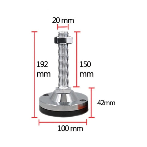 Four Pack M20 Threaded Adjustable Leveling Feet For Heavy Duty Shop Gear And Benches Carbon Steel Base showing dimensions 20 mm, 100 mm, 192 mm.