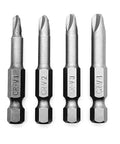 Heavy Duty S2 Magnetized Tri Wing Screwdriver Bits Set Quarter Inch Hex Shaft Y1 Y2 Y3 Y4 fifty mm length showing four screwdriver bits.