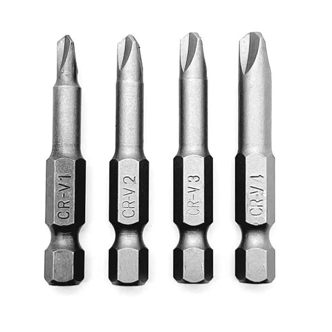 Heavy Duty S2 Magnetized Tri Wing Screwdriver Bits Set Quarter Inch Hex Shaft Y1 Y2 Y3 Y4 fifty mm length showing four screwdriver bits.