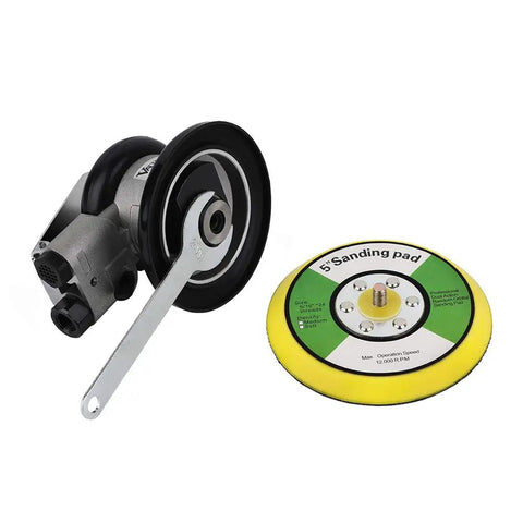 Five Inch Air Random Orbital Sander Dual Action Pneumatic Polisher with a 5-inch pad and speed regulator, shown with disassembled parts.