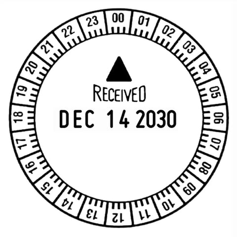 Top Shelf Twenty Four Hour Time And Date Stamp Featuring Solid Ten Year Bands And Snappy Received Arrow Design For Straight Up Effortless Office Paperwork And Quick Daily Tracking showing date December 14 2030.