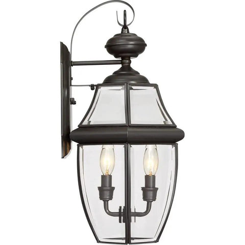 Two Light Outdoor Wall Lantern In Antique Brass Finish For Patio And Entry, Classic Newbury Style Mount Light, side view